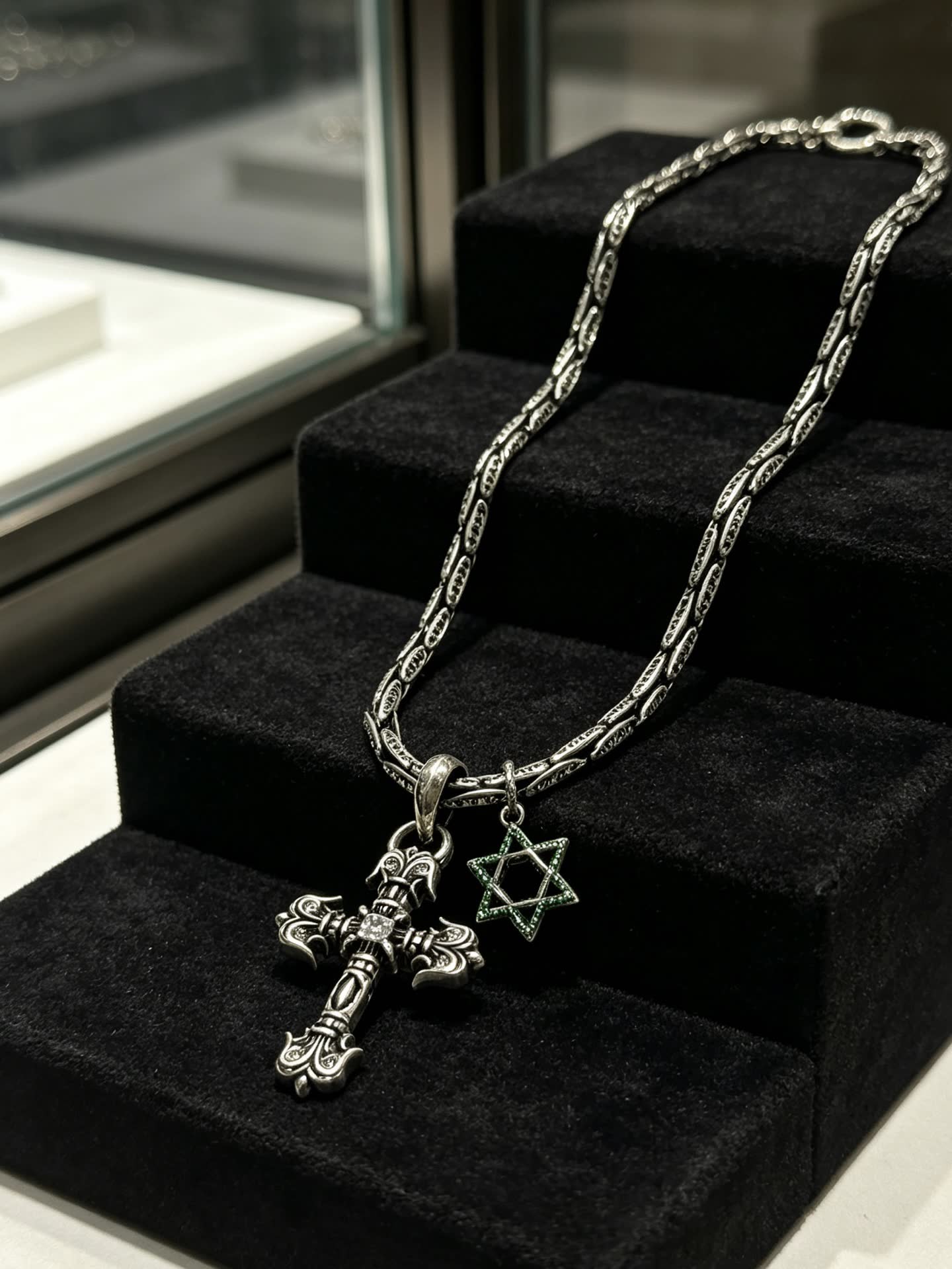 Chrome Hearts Silver Cross and Star of David Pendant Necklace